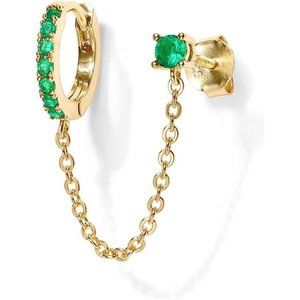 14K Gold Chain Earrings Womens Double Piercing Dangle Chain Huggie Hoop Earrings